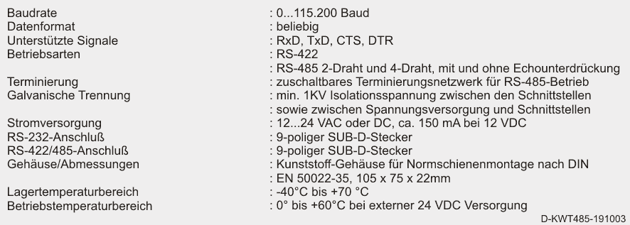 Schnittstellenkonverter RS232 - RS423 - Spezifikationen